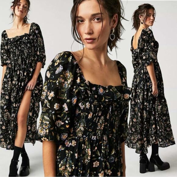 Free People Witchy Oasis Printed Midi Dress Black Floral Bohemian Large